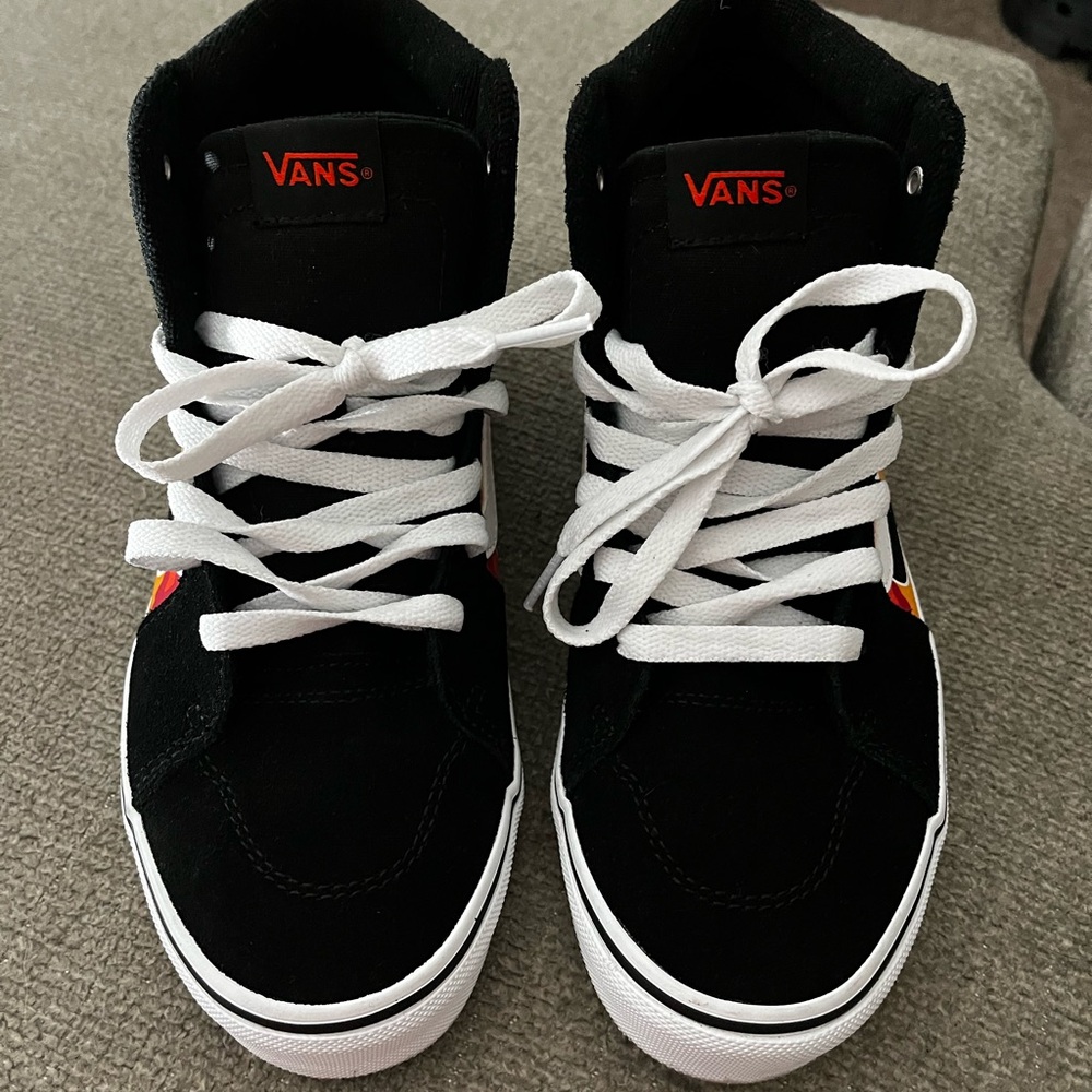 Youth Size 5.5 Vans Black With Red & Orange Flames High-Tops